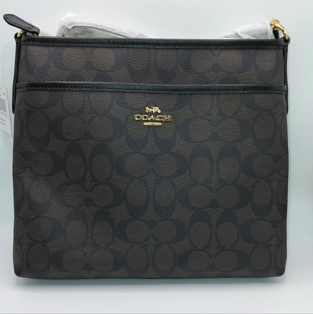 NWT Coach Signature Zip File Xbody Black Brown Coated Canvas F29210